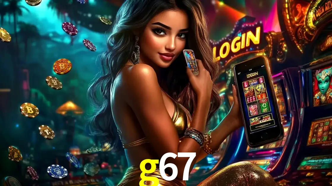 Mulher em um cenário de cassino temático de aventura, mostrando o app de caça-níqueis da g67 no celular. Fichas de apostas flutuam ao redor.