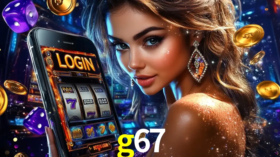 Mulher glamorosa segurando um smartphone com a tela de login para os jogos de caça-níqueis do cassino online g67, com moedas de ouro e dados ao redor.