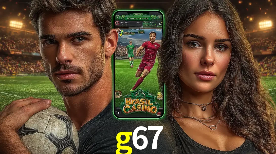 Homem segurando uma bola de futebol e uma mulher ao lado de um smartphone exibindo o jogo de apostas esportivas da g67. Faça seu palpite no cassino online.